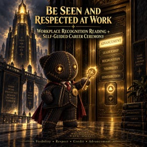 May include: A dark fabric doll with button eyes, wearing a suit and cape, holds a golden key. The background features a grand building with text: BE SEEN AND RESPECTED AT WORK, WORKPLACE RECOGNITION READING + SELF-GUIDED CAREER CEREMONY, and ADVANCEMENT.