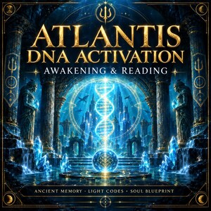 May include: A digital graphic featuring the text ATLANTIS DNA ACTIVATION AWAKENING & READING, ANCIENT MEMORY, LIGHT CODES, SOUL BLUEPRINT. The image displays a glowing blue DNA strand, a central crystal sphere, and two statues flanking a city.