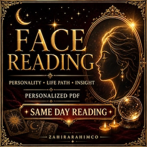 May include: A digital graphic with the words "FACE READING" in gold lettering, along with the phrases "PERSONALITY • LIFE PATH • INSIGHT" and "SAME DAY READING". The image includes a woman's profile in a gold frame, tarot cards, a crystal ball, and candles.