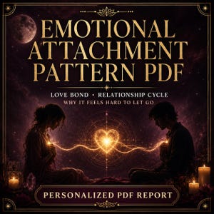 Puede incluir: Imagen de arte digital con el texto "EMOTIONAL ATTACHMENT PATTERN PDF". La imagen presenta una pareja conectada por un corazón brillante, con las palabras "LOVE BOND" y "RELATIONSHIP CYCLE". La parte inferior de la imagen dice "PERSONALIZED PDF REPORT".