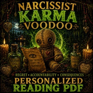 Puede incluir: Un muñeco vudú de arpillera sostiene un pergamino con una ilustración de un ojo y el texto THE TRUTH CAN'T BE IGNORED, flanqueado por dos botellas de vidrio etiquetadas KARMA OIL y TRUTH SERUM, dos velas encendidas y el texto NARCISSIST KARMA VOODOO.