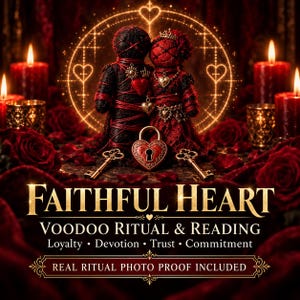 Könnte beinhalten: Zwei Stoffpuppen, eine schwarze und eine rote, stehen vor einem herzförmigen Vorhängeschloss und zwei Schlüsseln. Der Text lautet FAITHFUL HEART VOODOO RITUAL & READING, Loyalty, Devotion, Trust, Commitment und REAL RITUAL PHOTO PROOF INCLUDED.