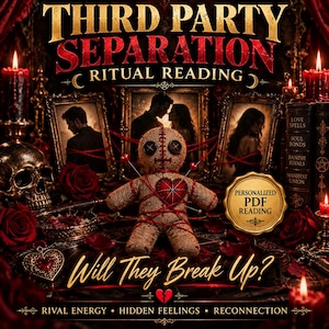 Op de afbeelding: Een voodoo-pop van jute met knoopogen en een rood hart, omringd door rode rozen, een schedel en ingelijste silhouetten. De tekst luidt: Third Party Separation Ritual Reading, Personalized PDF Reading, en Will They Break Up?