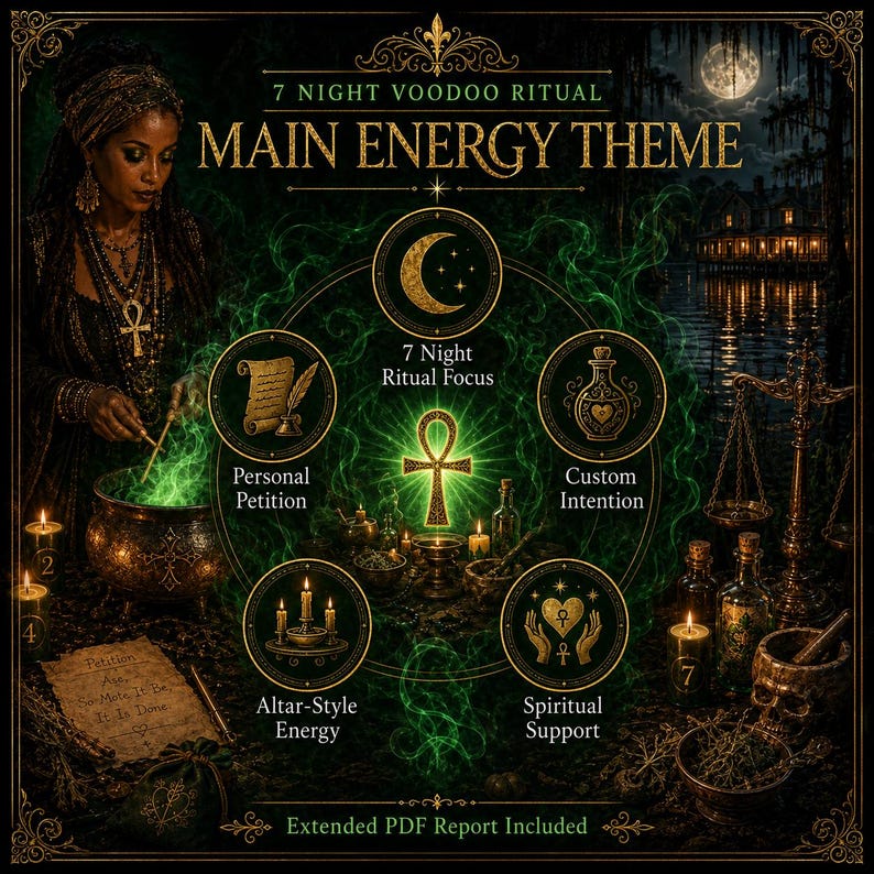 May include: A digital graphic titled 7 Night Voodoo Ritual Main Energy Theme featuring a central ankh symbol surrounded by five circular icons labeled 7 Night Ritual Focus, Personal Petition, Custom Intention, Altar-Style Energy, and Spiritual Support.