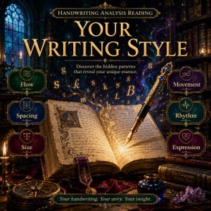 May include: A digital graphic titled Handwriting Analysis Reading Your Writing Style featuring an open antique book with a gold fountain pen, surrounded by six labeled icons: Flow, Spacing, Size, Movement, Rhythm, and Expression, with text overlays.