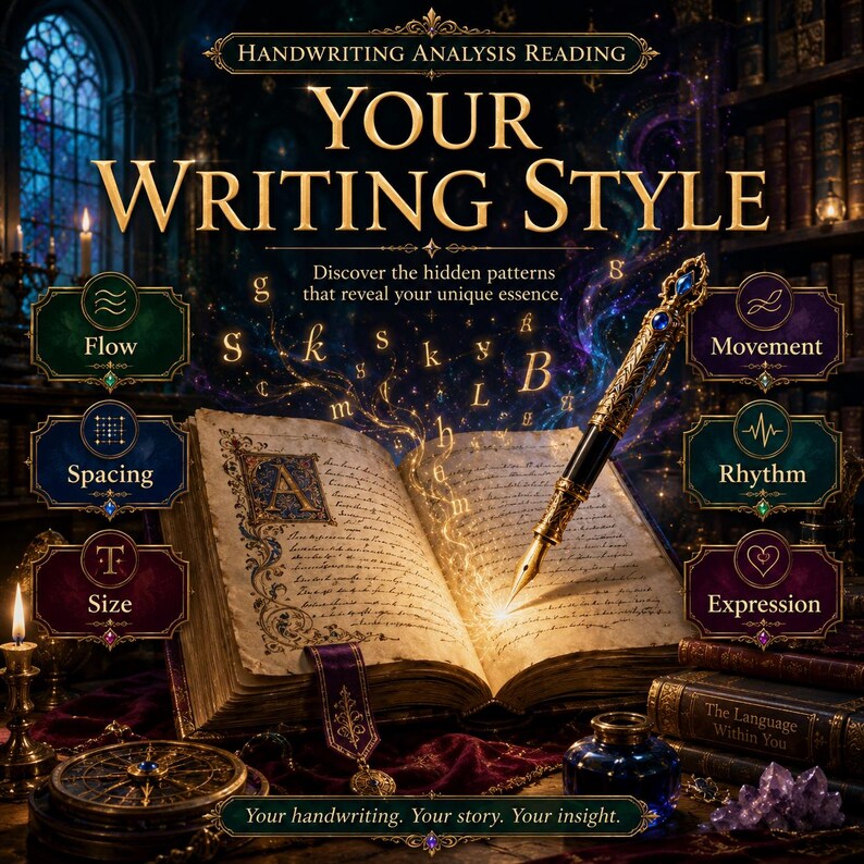 May include: A digital graphic titled Handwriting Analysis Reading Your Writing Style featuring an open antique book with a gold fountain pen, surrounded by six labeled icons: Flow, Spacing, Size, Movement, Rhythm, and Expression, with text overlays.