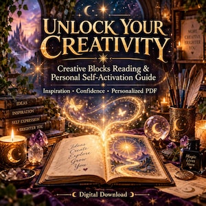 Könnte beinhalten: Ein digitaler Download-Leitfaden mit dem Titel UNLOCK YOUR CREATIVITY: Creative Blocks Reading & Personal Self-Activation Guide. Das Bild zeigt ein offenes Buch mit leuchtenden Illustrationen, umgeben von Kerzen, Kristallen und Stiften.