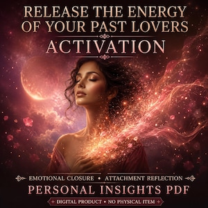 Peut inclure: Image numérique d'une femme aux yeux fermés, entourée d'un fond cosmique avec le texte "RELEASE THE ENERGY OF YOUR PAST LOVERS ACTIVATION". L'image comprend du texte sur la fermeture émotionnelle et les aperçus personnels.