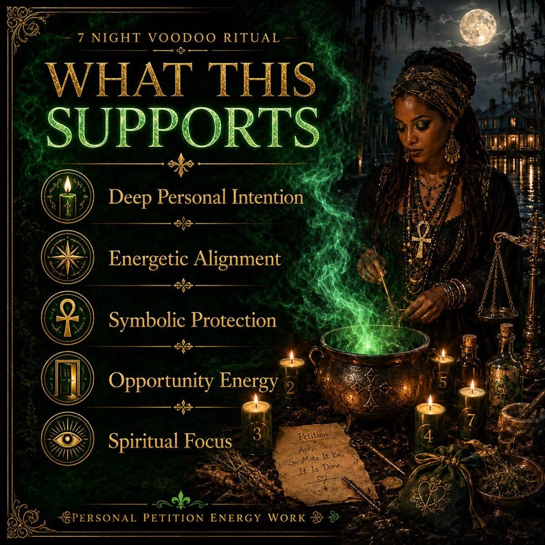 May include: A digital graphic titled 7 Night Voodoo Ritual What This Supports, listing benefits like Deep Personal Intention and Energetic Alignment. It features a person in dark attire with jewelry, a green smoking cauldron, and numbered candles.
