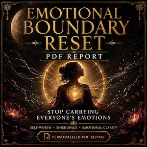 May include: A digital graphic with the text "EMOTIONAL BOUNDARY RESET PDF REPORT." The image features a woman in a golden aura, with the words "STOP CARRYING EVERYONE'S EMOTIONS" below. Additional text includes "SELF-WORTH, INNER SPACE, EMOTIONAL CLARITY" and "PERSONALIZED PDF REPORT."