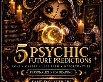 May include: A doll with button eyes and a stitched face wearing a dark hooded cloak, positioned behind a glowing crystal ball. The image features text including 5 PSYCHIC FUTURE PREDICTIONS, LOVE, CAREER, LIFE PATH, OPPORTUNITIES, PERSONALIZED PDF READING, and SAME DAY ANSWERS.