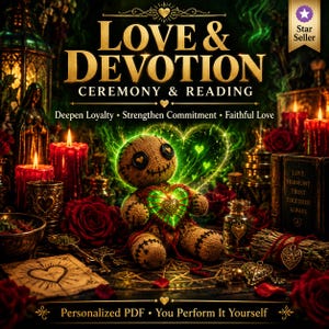 Könnte beinhalten: Eine Voodoo-Puppe aus Jute mit Knopfaugen sitzt inmitten roter Rosen, Kerzen und eines leuchtend grünen Herzens. Der Text lautet LOVE & DEVOTION CEREMONY & READING, Deepen Loyalty, Strengthen Commitment, Faithful Love und Personalized PDF, You Perform It Yourself.