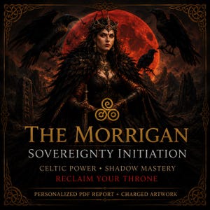 May include: A digital print featuring a dark-haired figure in a crown and black feathered cloak, holding a sword before a large red moon and black ravens. Text reads: THE MORRIGAN SOVEREIGNTY INITIATION, CELTIC POWER, SHADOW MASTERY, RECLAIM YOUR THRONE, PERSONALISED PDF REPORT + CHARGED ARTWORK.