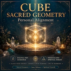 May include: A glowing golden cube featuring intricate sacred geometry lines, floating above a dark, ornate circular base. The image includes text: CUBE SACRED GEOMETRY Personal Alignment, DIGITAL PDF GUIDANCE, PERSONALIZED SPIRITUAL INSIGHT.