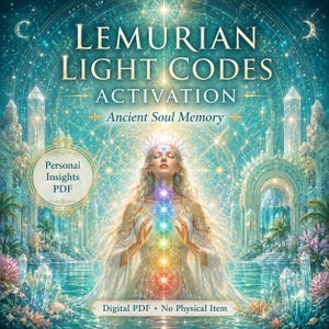 May include: Digital artwork with the text "LEMURIAN LIGHT CODES ACTIVATION Ancient Soul Memory". The image features a woman with a crown, a rainbow of colors along her body, and a celestial background with architectural elements.