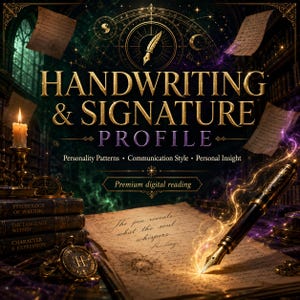 May include: A digital graphic titled HANDWRITING & SIGNATURE PROFILE with the subtitle Personality Patterns, Communication Style, Personal Insight and Premium digital reading. It features a fountain pen on parchment with the text The pen reveals what the soul whispers.