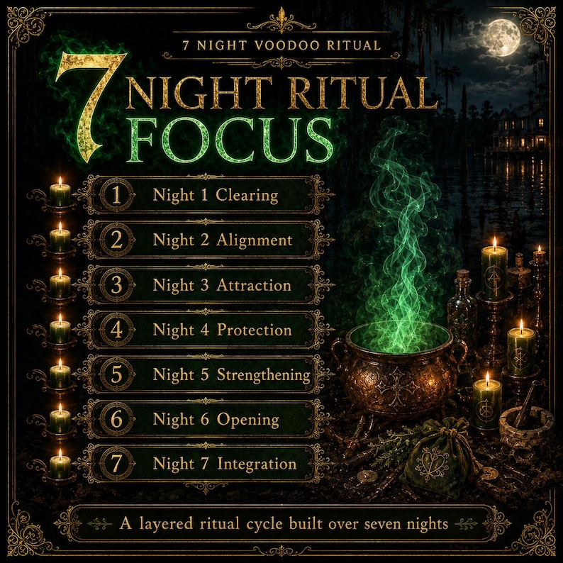 May include: A dark graphic poster titled 7 Night Voodoo Ritual with a list of seven numbered steps from Night 1 Clearing to Night 7 Integration. The design features a bronze cauldron with green smoke, green candles, and a full moon in the background.