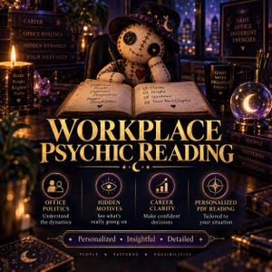 Puede incluir: Un muñeco vudú con sombrero sentado en un escritorio con un libro abierto, velas y una bola de cristal. El texto dice Workplace Psychic Reading, Office Politics, Hidden Motives, Career Clarity y Personalized PDF Reading con listas.