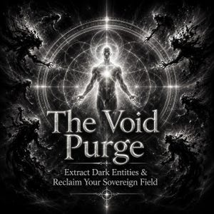 May include: A black and white graphic featuring a central glowing human figure surrounded by dark, shadowy entities. The text reads The Void Purge, Extract Dark Entities & Reclaim Your Sovereign Field, set against a complex geometric background.