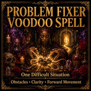 Może przedstawiać: Cyfrowa ilustracja z tekstem "PROBLEM FIXER VOODOO SPELL", "One Difficult Situation" oraz "Obstacles • Clarity • Forward Movement". Ciemnoskóra osoba z warkoczykami siedzi przed świecącym, zawiązanym w węzeł sznurem.