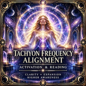 May include: A digital illustration featuring a central figure with long blonde hair and flowing robes, surrounded by glowing cosmic light, geometric patterns, and crystals. Text reads: TACHYON FREQUENCY ALIGNMENT, ACTIVATION & READING, CLARITY, EXPANSION, HIGHER AWARENESS.