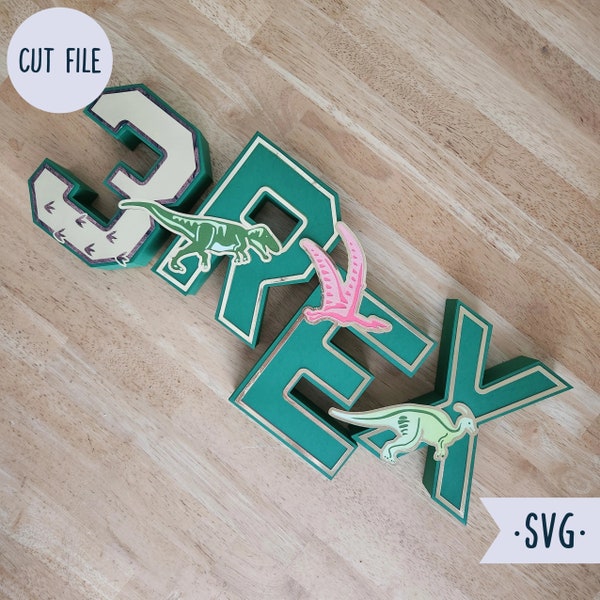 Dinosaur Themed Third Birthday Party Decor, T Rex Layered Svg Cut File, 3D Alphabet 3 Rex Letters, Toddler Boys Room Decor, Photo Shoot