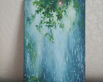 Rainy Day Oil Painting: Tranquil Summer Downpour on Canvas (20x30 cm)
