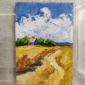 Pintura al óleo original sobre cartón Campo de trigo 2,5 x 3,5 pulgadas Impasto