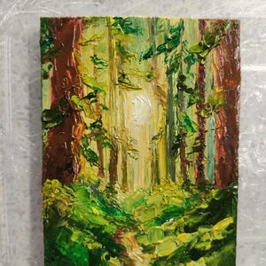 Pintura al óleo original sobre cartón La mañana en el bosque 2,5 x 3,5 pulgadas