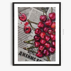Original Oil Paintingon the Newspaper Juicy Cherries 5x7 in Still Life