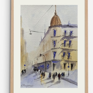 Original Watercolor Cityscape – European Street Scene with Building, Urban Wall Art, 6 x 8 in Home Decor Architecture art