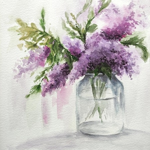 Fiori lilla acquerello dipinto arte originale botanica floreale natura morta arredamento per la casa o regalo per lei 8 x 10 pollici