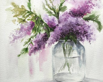 Original Lilac Watercolor Painting: Floral Still Life Art (8x10 in)