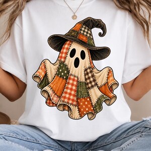 Spooky Patchwork Ghost Halloween Witch Hat Fall Design PNG