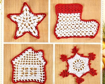 Patrón de crochet para adornos navideños: 4 decoraciones con gráfico de filetes (solo diagrama)