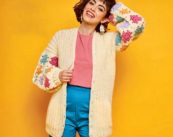 Cardigan carré grand-mère au crochet : style kimono épais (XS-5XL) (Patron PDF)