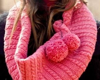 Knitting Pattern: Pink Pompon Cable Capelet - Beginner Level (PDF Pattern, XS-XXL Sizes)