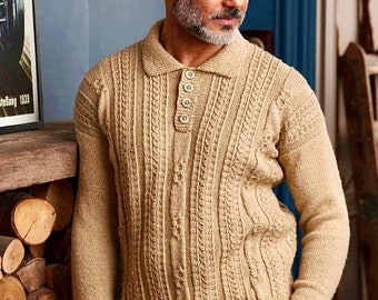 Pullover men KNITTING PATTERN, men sweater, cabled pattern, button placket. All sizes, casual style, classic design