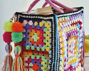 Bag granny square CROCHET PATTERN, motif granny square for blanket, rugs, clothes. Easy to make any size