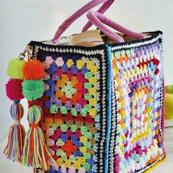 Bag granny square CROCHET PATTERN, motif granny square for blanket, rugs, clothes. Easy to make any size