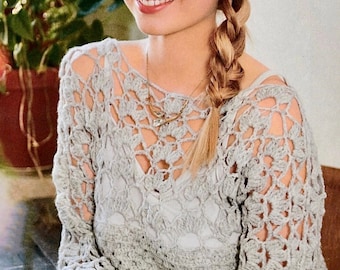 Modello per maglione in pizzo all'uncinetto: maglione da donna, taglie dalla S alla XL (modello PDF)