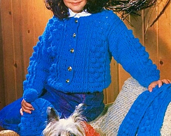 Cardigan niñas, bufanda, sombrero CROCHET PATTERN, patrón de burbujas de hojaldre, ropa para niños, vintage 1990s, bubble girls crochet set, tallas S-L