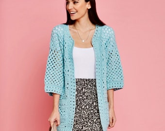 Cárdigan kimono PATRÓN A GANCHILLO, talla XS-3XL, fácil de llevar