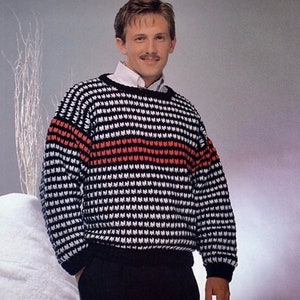 Crochet Sweater Pattern, crochet men pullover, men clothes, crochet striped jumper, vintage 1990s, classic design, sizes S-XL