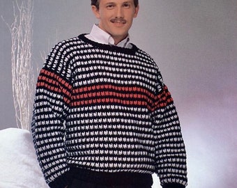 Vintage 1990s Crochet Men's Striped Pullover Sweater Pattern (Sizes S-XL)