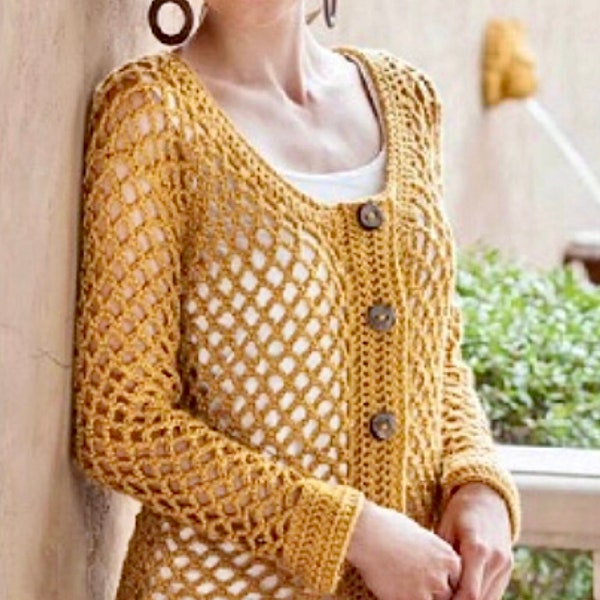 Lace mesh cardigan CROCHET PATTERN, size S-2XL, easy. Summer woman’s cardigan