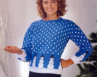 Pullover Snowmen parade CROCHET PATTERN, vintage 1990s, woman’s sweater, crochet snowman, women clothes