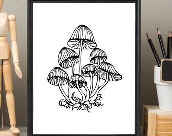 Magic Mushroom Trees Digital Wall Art Instant Download, Fungi Art Digital Download Poster, Modern Art Prints Black and White for Home Decor