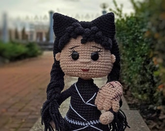 CROCHET DOLL pattern Wednesday in a cat costume, PDF tutorial english