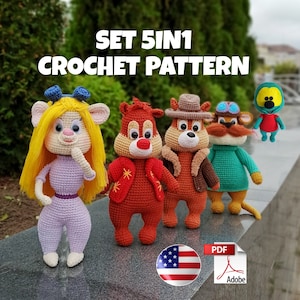 May include: A crochet pattern set featuring five characters: a girl with blonde hair and a purple dress, a red squirrel, a brown bear wearing a cowboy hat, a green raccoon with a mustache, and a green alien. The pattern is available as a PDF download. The text "SET 5IN1 CROCHET PATTERN" is displayed at the top of the image.